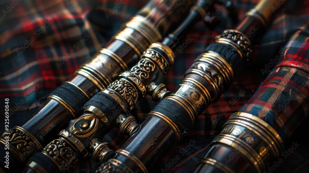 A set of bagpipes with their intricate bag and pipes clearly visible, showcasing their distinctive and traditional design. A set of bagpipes with their intricate bag and pipes clearly visible, showcasing their distinctive and traditional design.