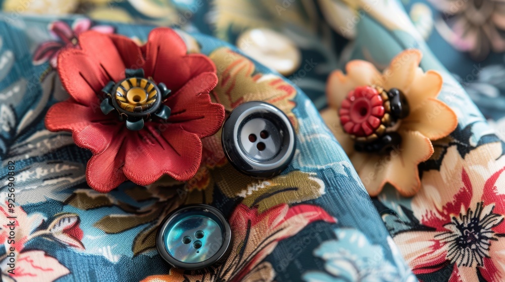 A set of buttons in the shape of flowers, placed on a piece of fabric, showcasing playful and decorative elements in fashion. A set of buttons in the shape of flowers, placed on a piece of fabric, showcasing playful and decorative elements in fashion.