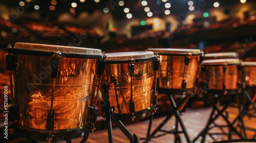 A set of orchestral timpani drums arranged in a concert hall, with polished copper surfaces reflecting stage lights.