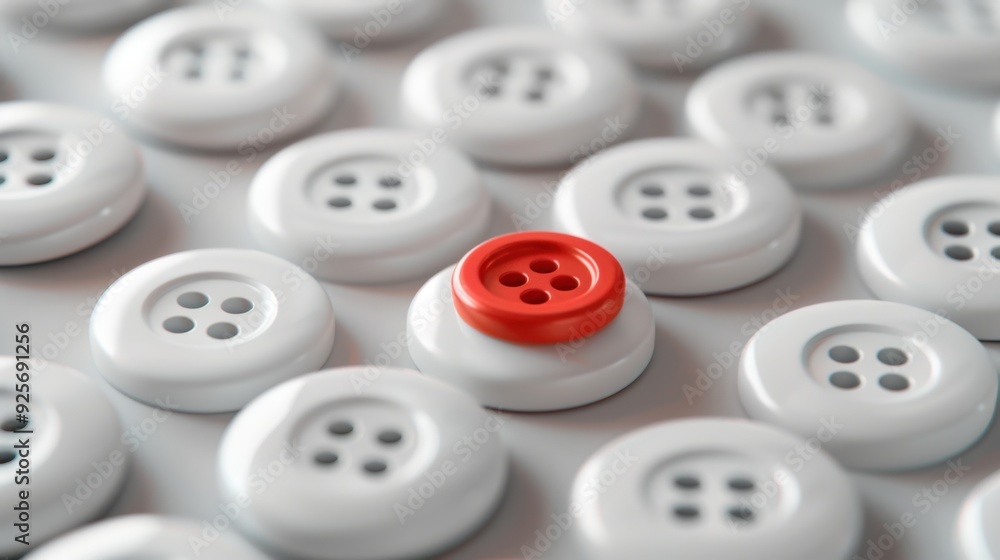 A single red button standing out among a group of white buttons, symbolizing individuality and uniqueness. A single red button standing out among a group of white buttons, symbolizing individuality and uniqueness.