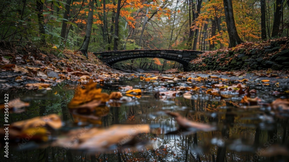 A small bridge crossing over a stream in a forest, with fallen leaves floating on the water. A small bridge crossing over a stream in a forest, with fallen leaves floating on the water.