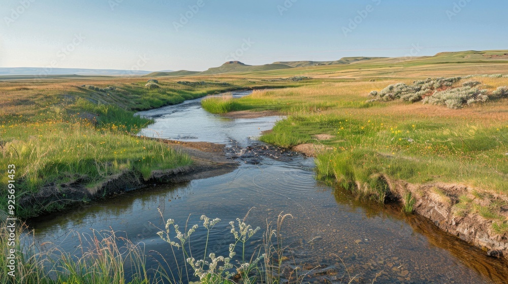 A small stream trickling into a larger river, illustrating the interconnectedness of waterways in a natural landscape. A small stream trickling into a larger river, illustrating the interconnectedness of waterways in a natural landscape.