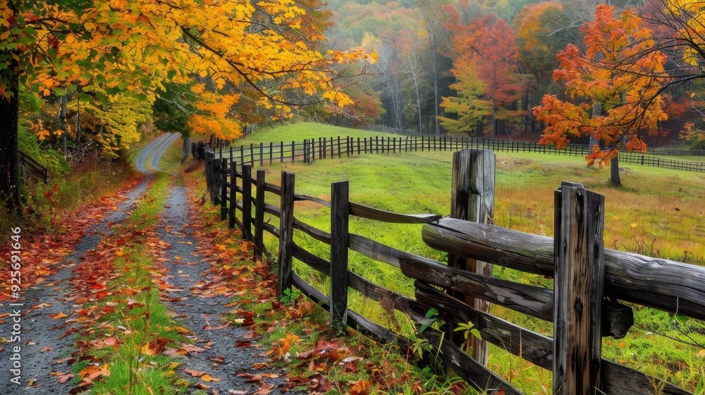 A split-rail fence running along a country road, surrounded by vibrant autumn foliage. A split-rail fence running along a country road, surrounded by vibrant autumn foliage.