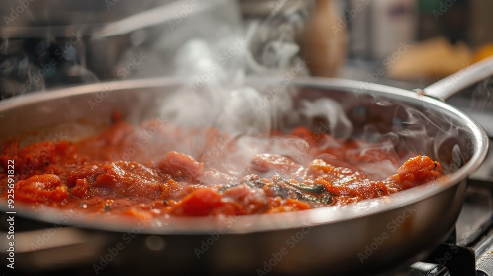 A steaming pot of classic Italian tomato sauce on the stove, ready to be served with freshly cooked pasta. A steaming pot of classic Italian tomato sauce on the stove, ready to be served with freshly cooked pasta.