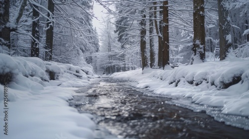 A stream flowing through a snowy forest, with ice forming along the edges of the water, creating a winter wonderland.