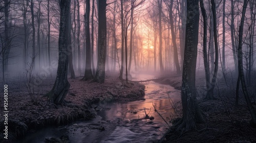 A stream winding through a quiet, misty forest at dawn, creating a serene and ethereal atmosphere