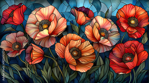 Artistic stained glass panel featuring vibrant red poppy flowers set against a textured blue and green background, showcasing intricate craftsmanship.

