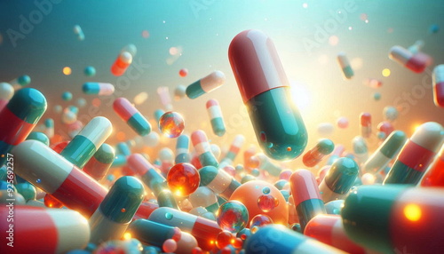 group of colorful medicine flying capsules on soft blue background photo