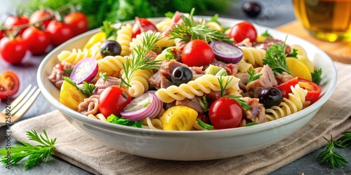 Refreshing summer pasta salad with tuna, cherry tomatoes, red onions, black olives, and lemon-dill vinaigrette photo