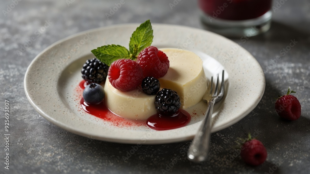 a creamy panna cotta served on a white ceramic plate a creamy panna cotta served on a white ceramic plate