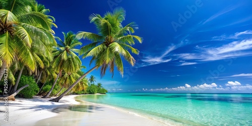 A perfect tropical beach landscape with palm trees, white sand, turquoise water, and clear blue sky