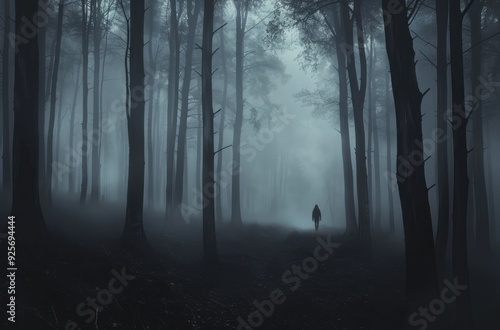 A misty, dark forest with tall trees and a solitary figure in the distance. The scene conveys a mysterious, haunting atmosphere.