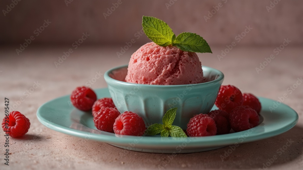 a scoop of raspberry sorbet served in a small ceramic bowl