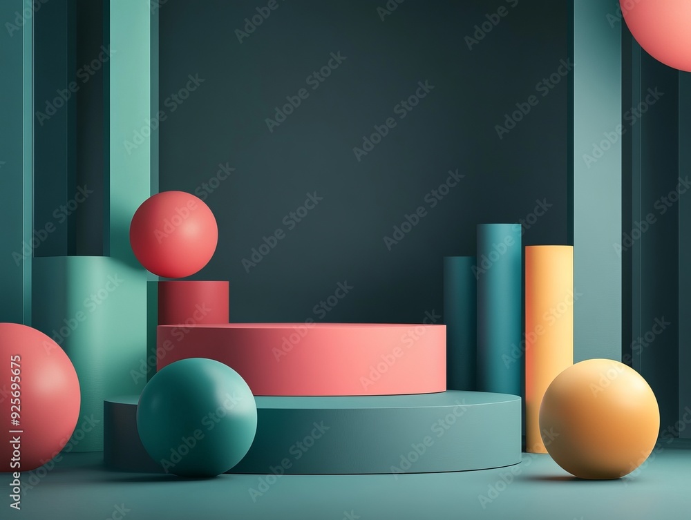 Captivating geometric display featuring colorful podiums, cylinders, and spheres in a modern and elegant setting with moody ambiance and balanced symmetry. Captivating geometric display featuring colorful podiums, cylinders, and spheres in a modern and elegant setting with moody ambiance and balanced symmetry.