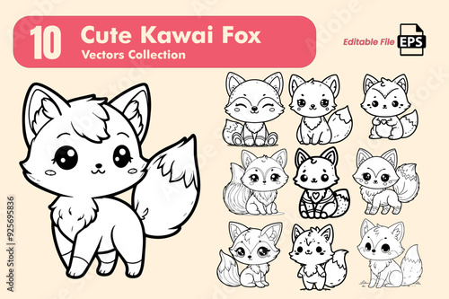 set of funny cartoon cute kawai fox