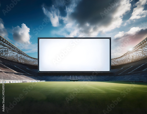 an empty outdoor stadium featuring a massive blank screen under a dramatic cloudy sky, perfect for showcasing advertisements or upcoming event promotions.