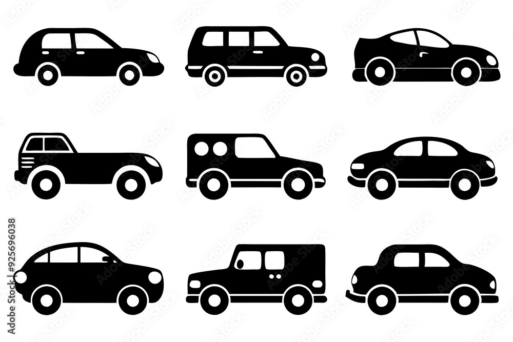 Vehicle icons vector. Set of car icons silhouette vector illustrations. Vehicle icons vector. Set of car icons silhouette vector illustrations.