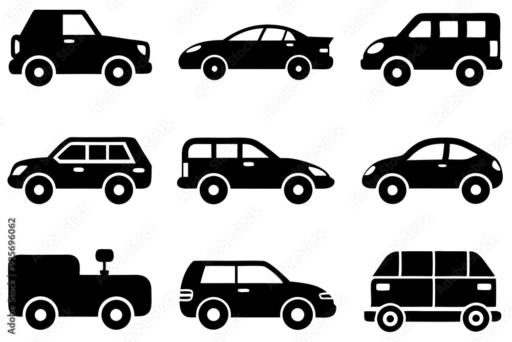 Vehicle icons vector. Set of car icons silhouette vector illustrations. Vehicle icons vector. Set of car icons silhouette vector illustrations.
