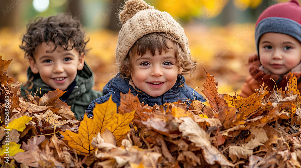 A Group of Children Playing in Pile of Autumn Maple Leave A Group of Children Playing in Pile of Autumn Maple Leave