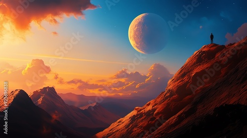 Wallpaper Mural A breathtaking landscape featuring mountains at sunset with a large planet in the sky, capturing the beauty of nature and wonder. Torontodigital.ca
