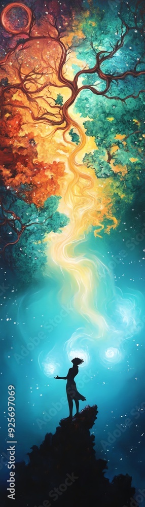 Fototapeta premium A mystical scene of a figure standing on a rock, surrounded by vibrant colors and celestial elements, evoking a sense of wonder.