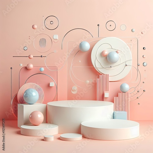 Abstract art with pastel colors, showcasing geometric shapes like spheres, circles, and lines in a harmonious arrangement on a soft pink background. photo