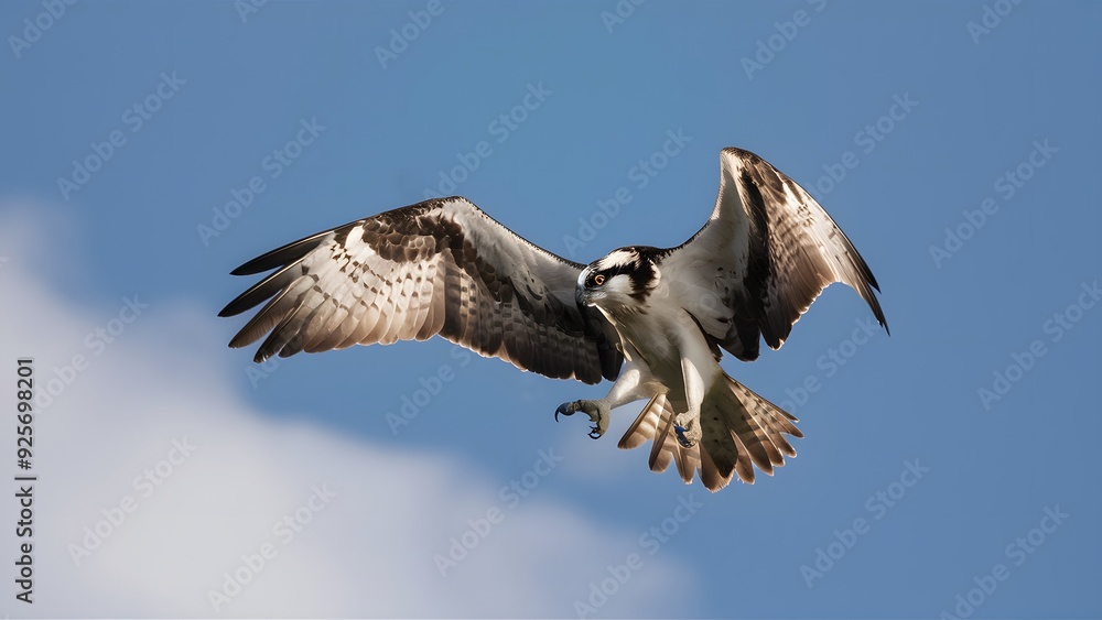 Fototapeta premium Osprey Flying with Blue Sky Background, Realistic Photo, Pattern Background, Wallpaper, Cover and Screen for Smartphone, Cell Phone, Computer, Laptop