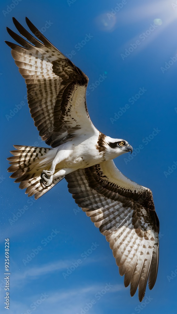 Fototapeta premium Osprey Flying with Blue Sky Background, Realistic Photo, Pattern Background, Wallpaper, Cover and Screen for Smartphone, Cell Phone, Computer, Laptop