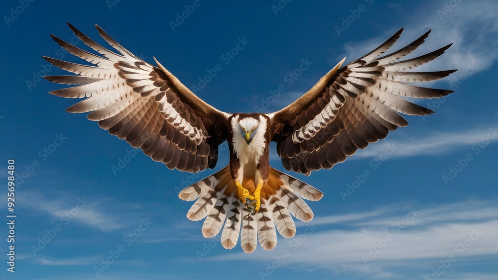 Fototapeta premium Osprey Flying with Blue Sky Background, Realistic Photo, Pattern Background, Wallpaper, Cover and Screen for Smartphone, Cell Phone, Computer, Laptop