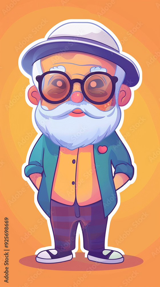 elderly man cartoon character beard glasses hat orange background standing casual outfit jacket pants shoes illustration animated senior adult elderly man cartoon character beard glasses hat orange background standing casual outfit jacket pants shoes illustration animated senior adult
