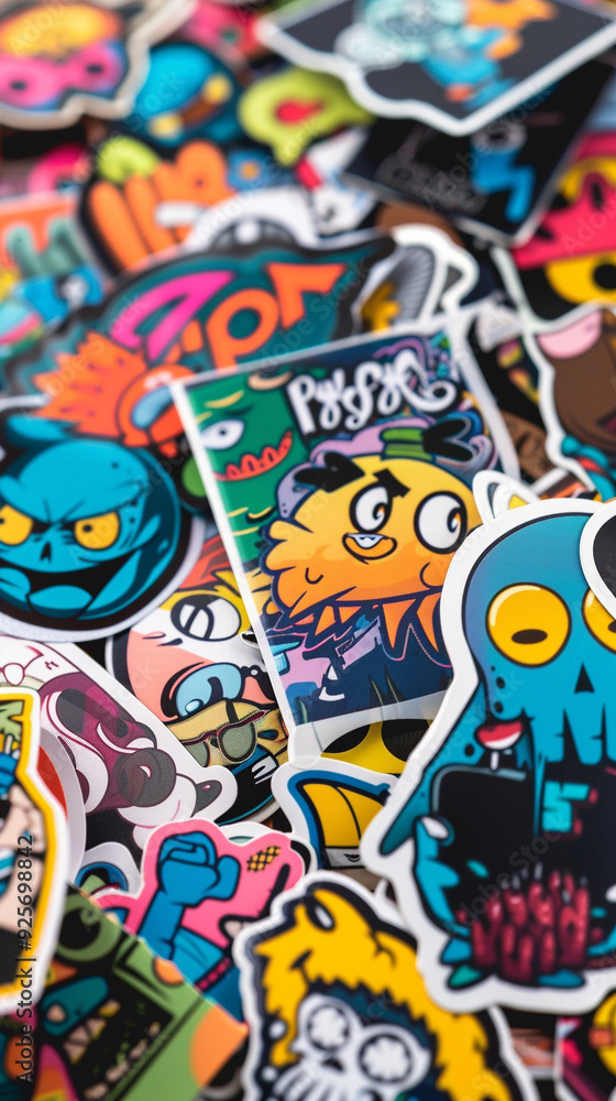 Obraz premium stickers colorful cartoon art designs fun variety characters graphics playful vibrant creative collection multiple animated comic illustrations