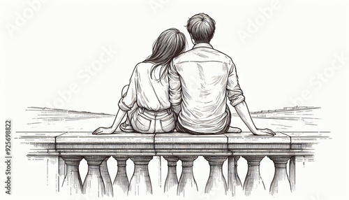 man woman sitting together riverbank parapet romantic love affection urban view line drawing illustration