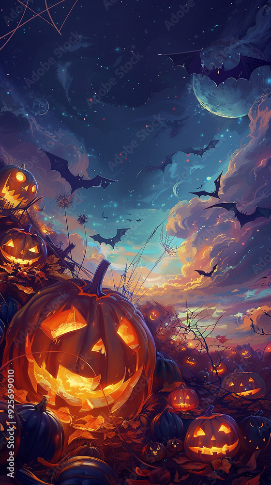 Fototapeta premium halloween night pumpkins jack-o\'-lantern sky bats moon stars autumn spooky eerie dark clouds glowing orange blue festive celebration 