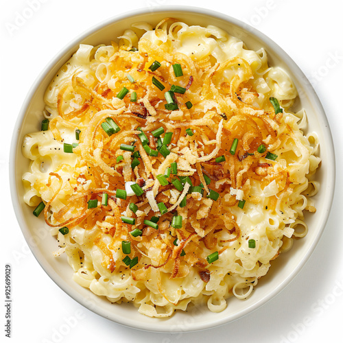 a bowl of pasta with cheese and green onions photo