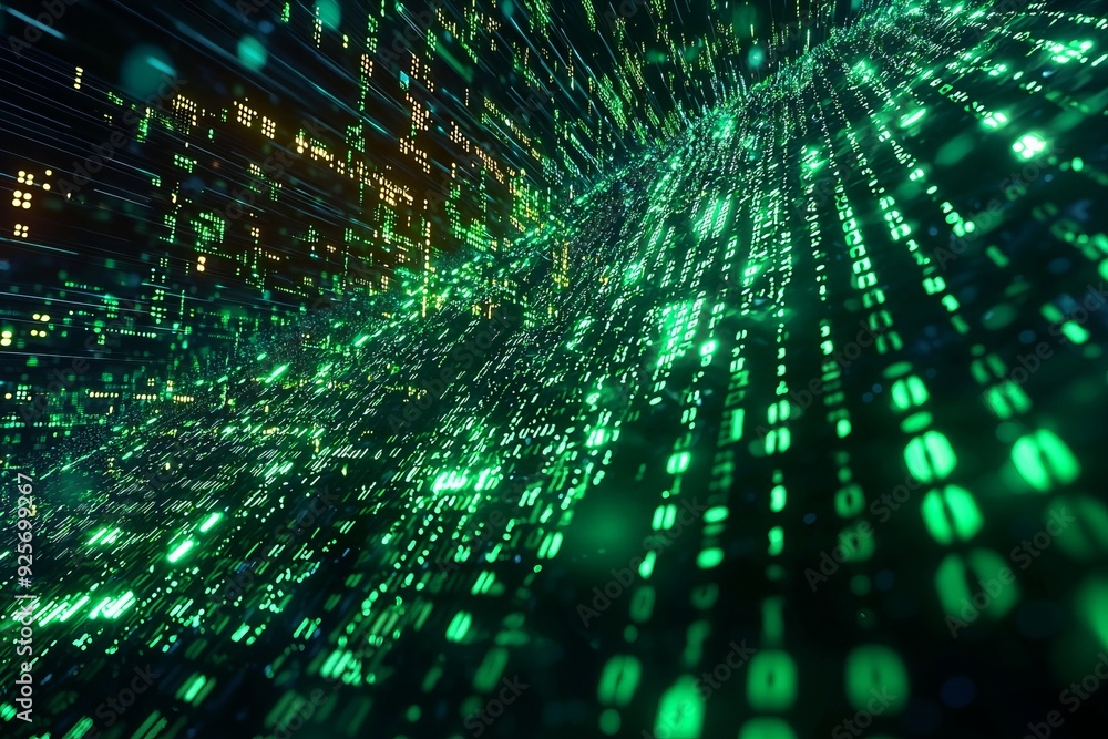 Green Dark Binary Code with Data Streaming Background created with Generative AI Green Dark Binary Code with Data Streaming Background created with Generative AI