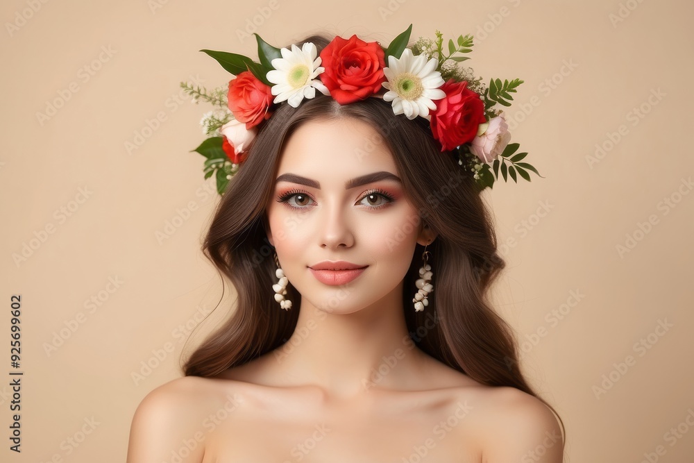 Naklejka premium Portrait of a Woman Wearing a Floral Crown and Earrings