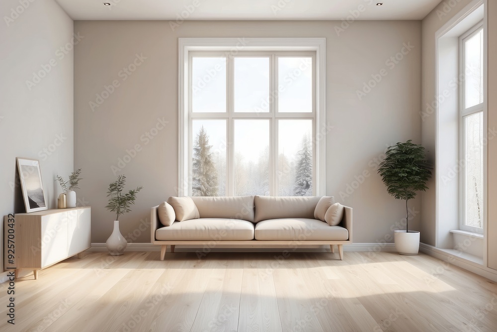Fototapeta premium Minimalist Living Room Interior with Beige Sofa and Large Windows