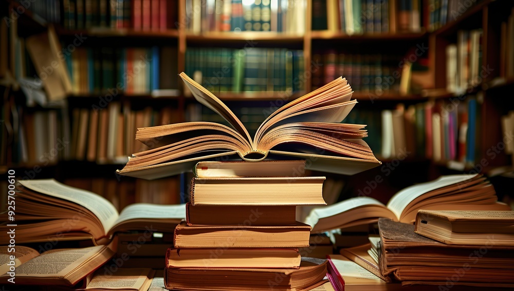 A stack of open books on the table in front, A stack of open books on the table in front,