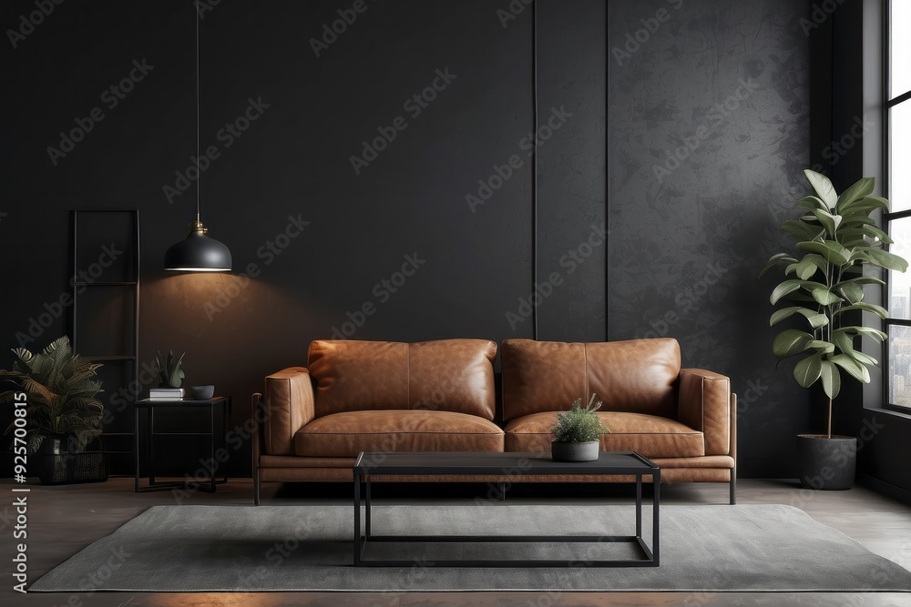 Modern living room with brown leather sofa, black coffee table, and grey rug Modern living room with brown leather sofa, black coffee table, and grey rug