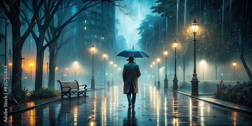 Melancholy, rainy evening, solitary figure walking home Melancholy, rainy evening, solitary figure walking home