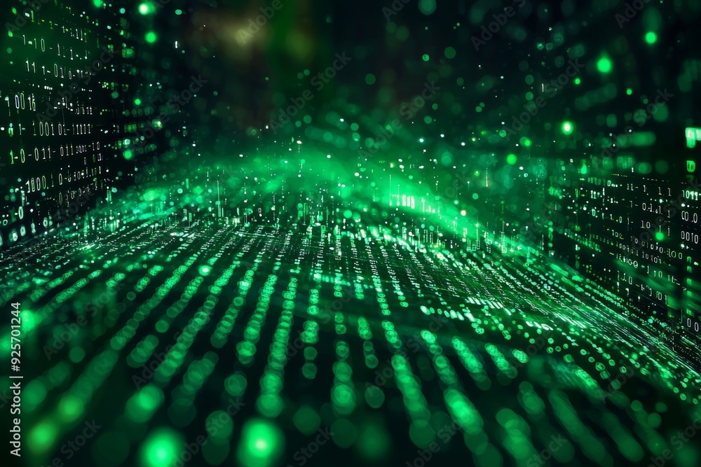Green Dark Binary Code with Data Streaming Background created with Generative AI Green Dark Binary Code with Data Streaming Background created with Generative AI
