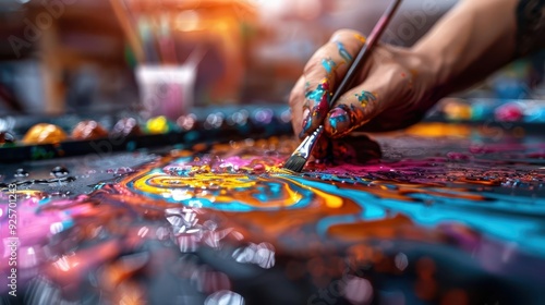 Creative painting session with artists working on vibrant canvases, creating a dynamic and colorful atmosphere, Pop Art, Acrylic, Vibrant