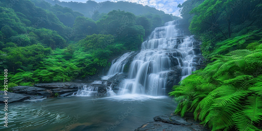 Majestic Multi-Tier Waterfall in Lush Green Tropical Forest with Misty Atmosphere and Azure Skies Calling Adventure Seekers and Nature Lovers Majestic Multi-Tier Waterfall in Lush Green Tropical Forest with Misty Atmosphere and Azure Skies Calling Adventure Seekers and Nature Lovers