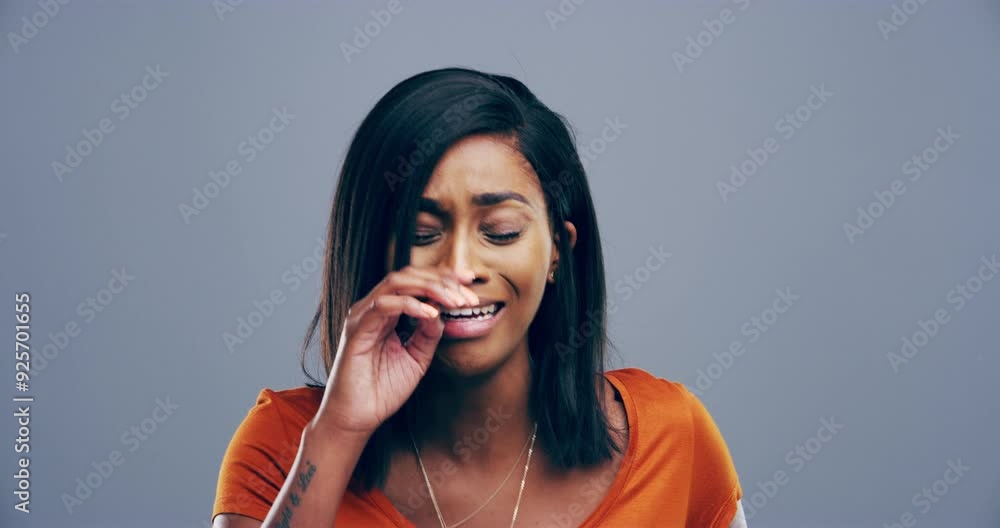 Sad, crying and face of black woman in studio with depression, broken ...