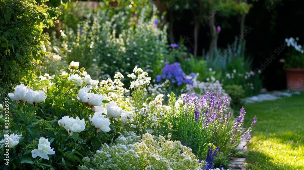 Obraz premium Summer Enchantment - A Serene English Cottage Garden in Full Bloom with Peonies and Companions.