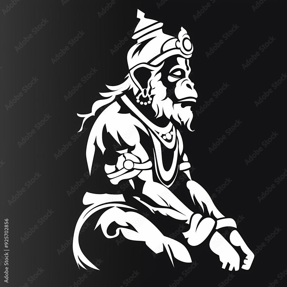 Fototapeta premium A white logo outline of a cool Hanuman on a black background