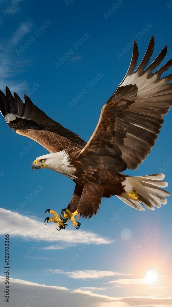 Fototapeta premium Golden Eagle Flying With Blue Sky Background, Realistic Photo, Pattern Background, Wallpaper, Cover and Screen for Smartphone, Cell Phone, Computer, Laptop