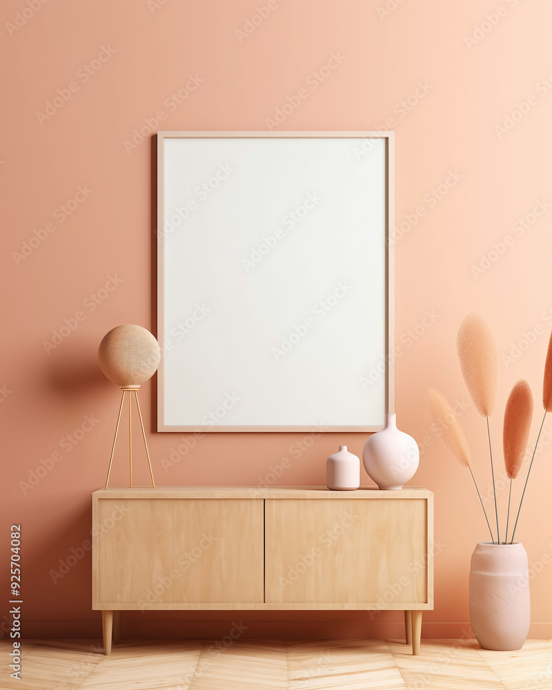 Frame mockup in modern interior with peach wall and wooden furniture Frame mockup in modern interior with peach wall and wooden furniture