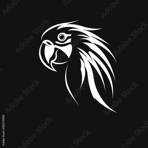 A white logo outline of a cool Scarlet macaw on a black background