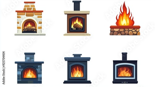 Stoves with cartoon fireplaces. Fireplace chimney electric firewood heat systems, comfortable fireside classic home hearth decorated with iron stone modern heater,  vector illustration photo